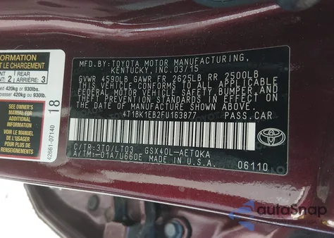 2015 Toyota Avalon Xle Touring from USA, damaged, VIN 4T1BK1EB2FU163877